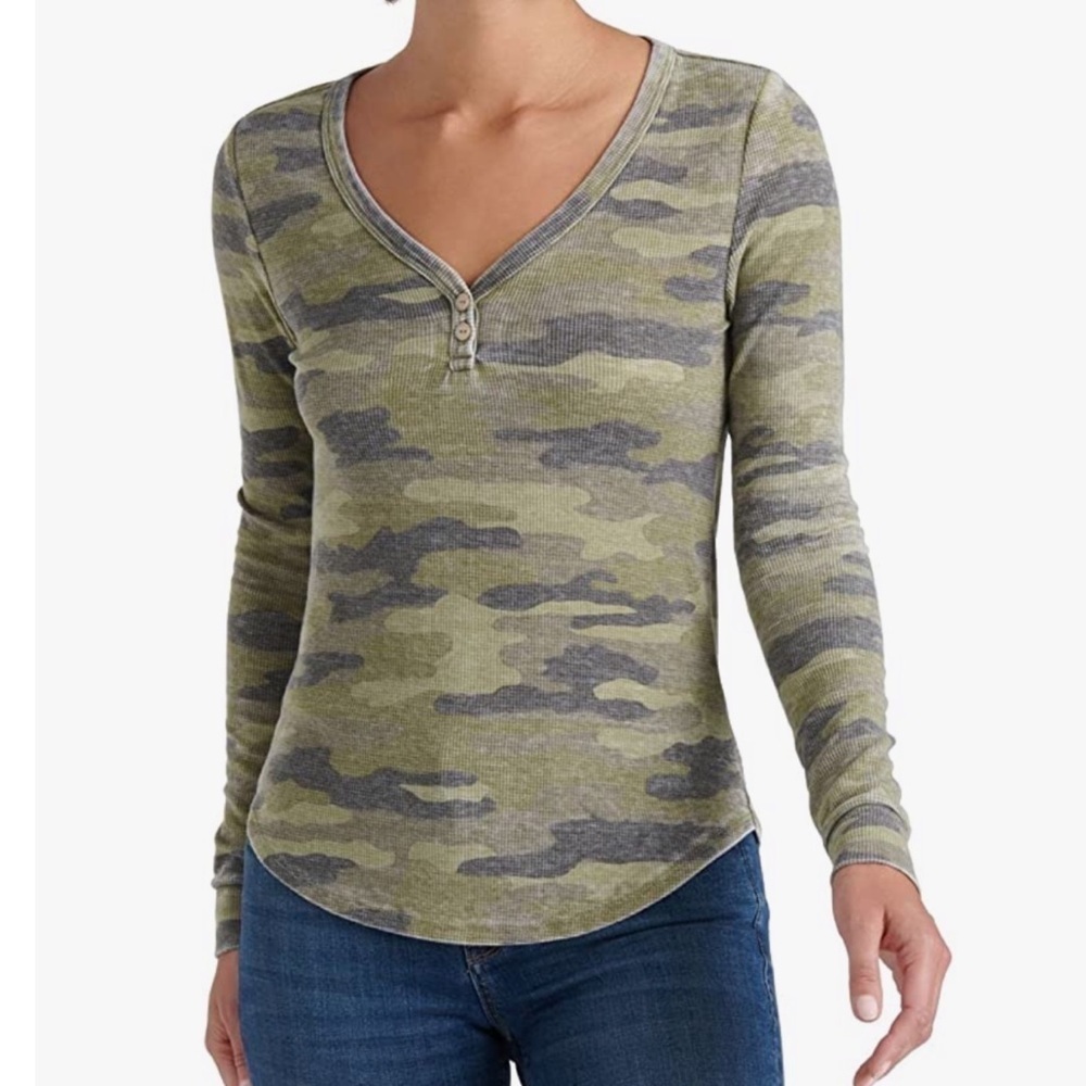 🆕 Lucky Brand camouflage henley long sleeve pullover top green small